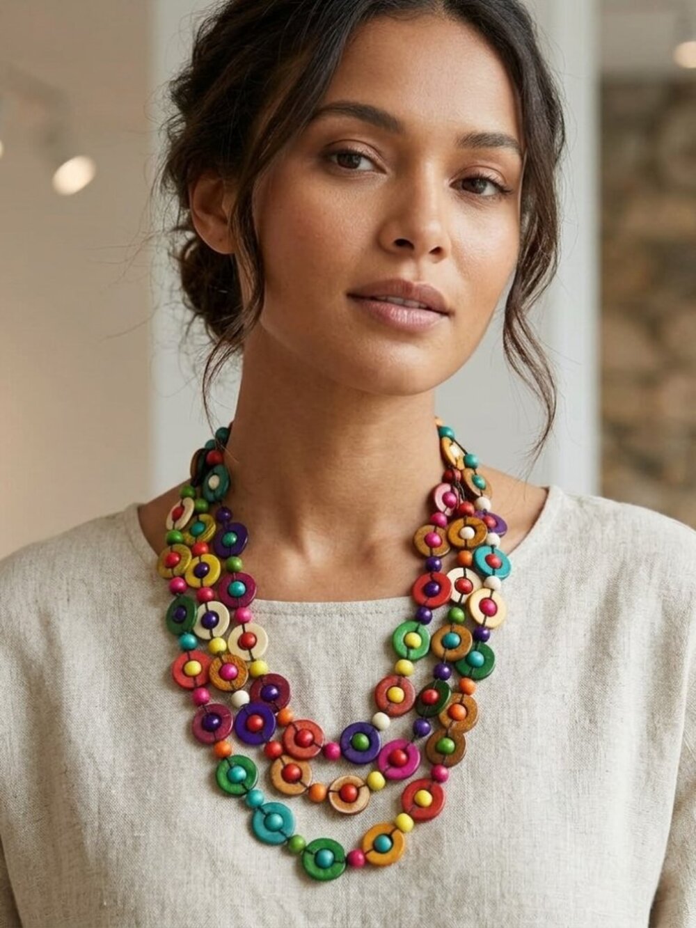 Multiplayer multicolore coconut shell necklace